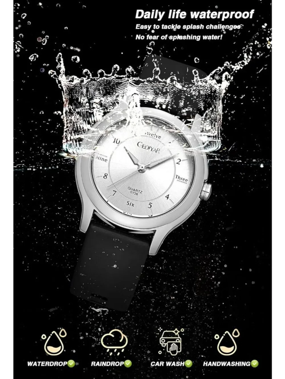 Women's Silver Analog Quartz Rubber Silicone Band Waterproof Nursing Wrist Watch